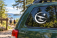 Hang gliding crescent vinyl decal with white star and hang glider silhouette on car window