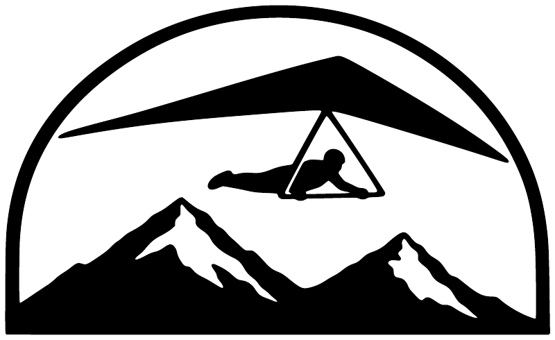 Hang gliding alpine window vinyl decal logo with hang glider and mountain silhouettes, black and white