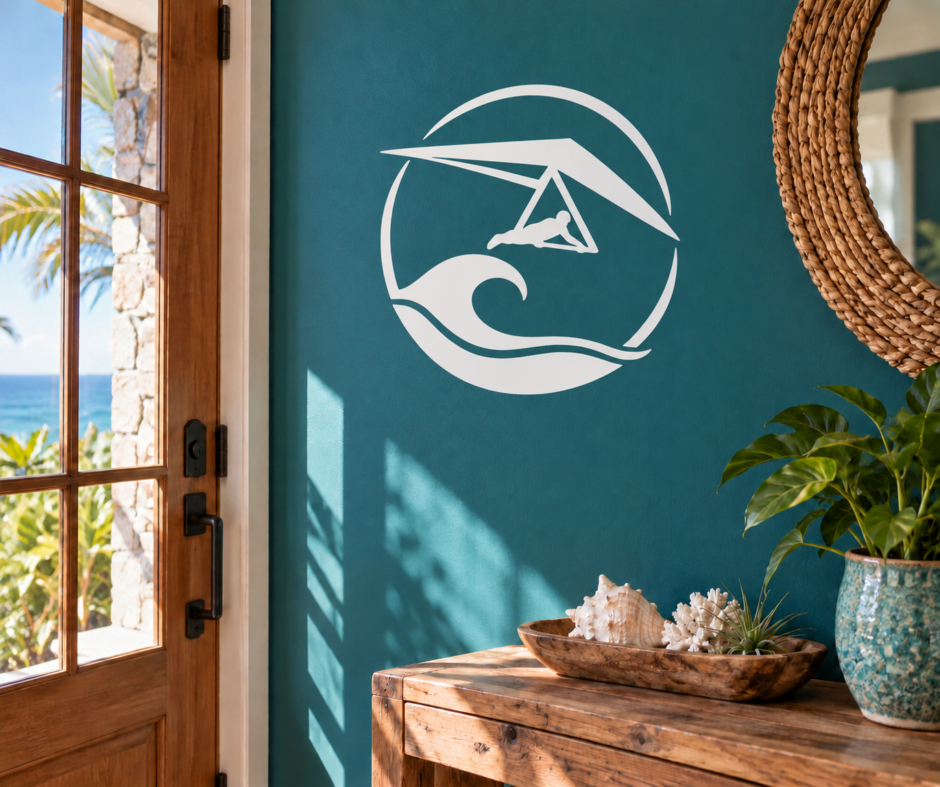 White circular hang-gliding and ocean wave logo vinyl decal for windows