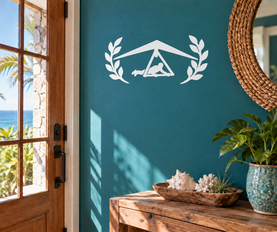 White vinyl decal: laurel wreath with hang glider silhouette and flight banner