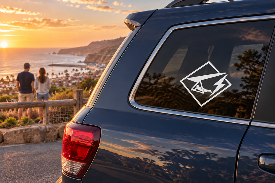 Hang gliding lightning vinyl decal on car window, white icon on dark glass