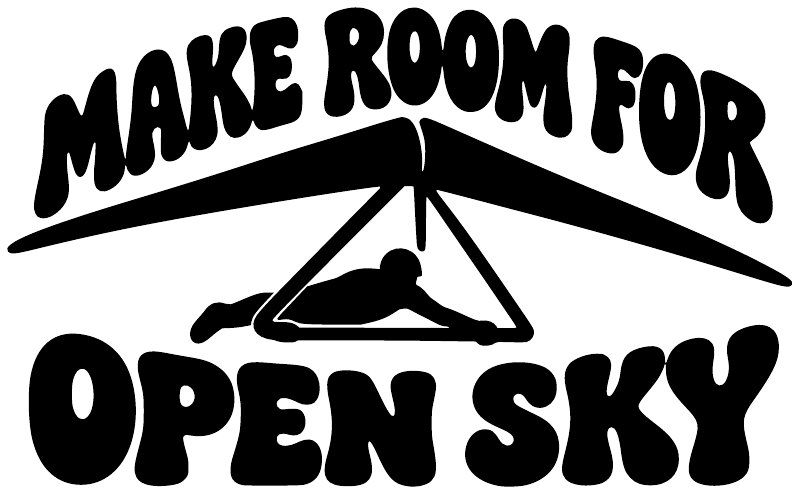 Close-up black vinyl decal letters 'MAKE ROOM FOR OPEN SKY' with hang glider icon