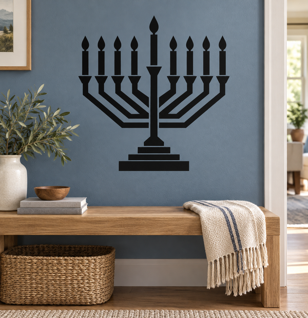 Black nine-light Hanukkah menorah vinyl decal with candle silhouettes