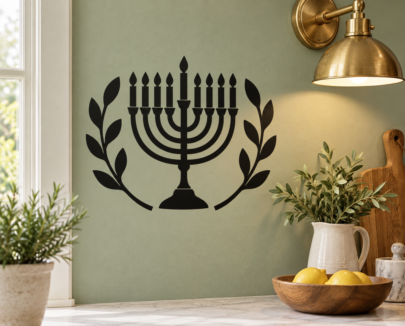 Hanukkah menorah vinyl decal with olive branches, black silhouette