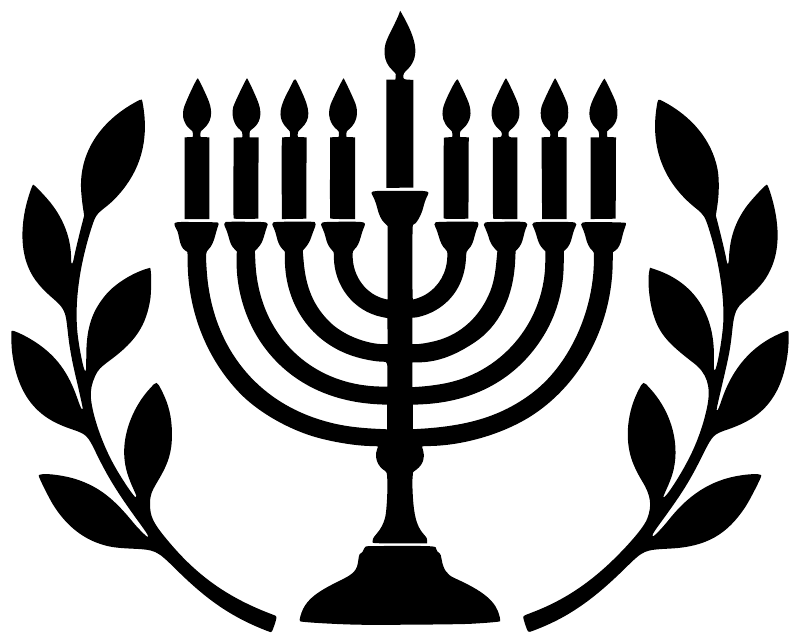 Hanukkah menorah decal with olive branches and eight candles, black on white