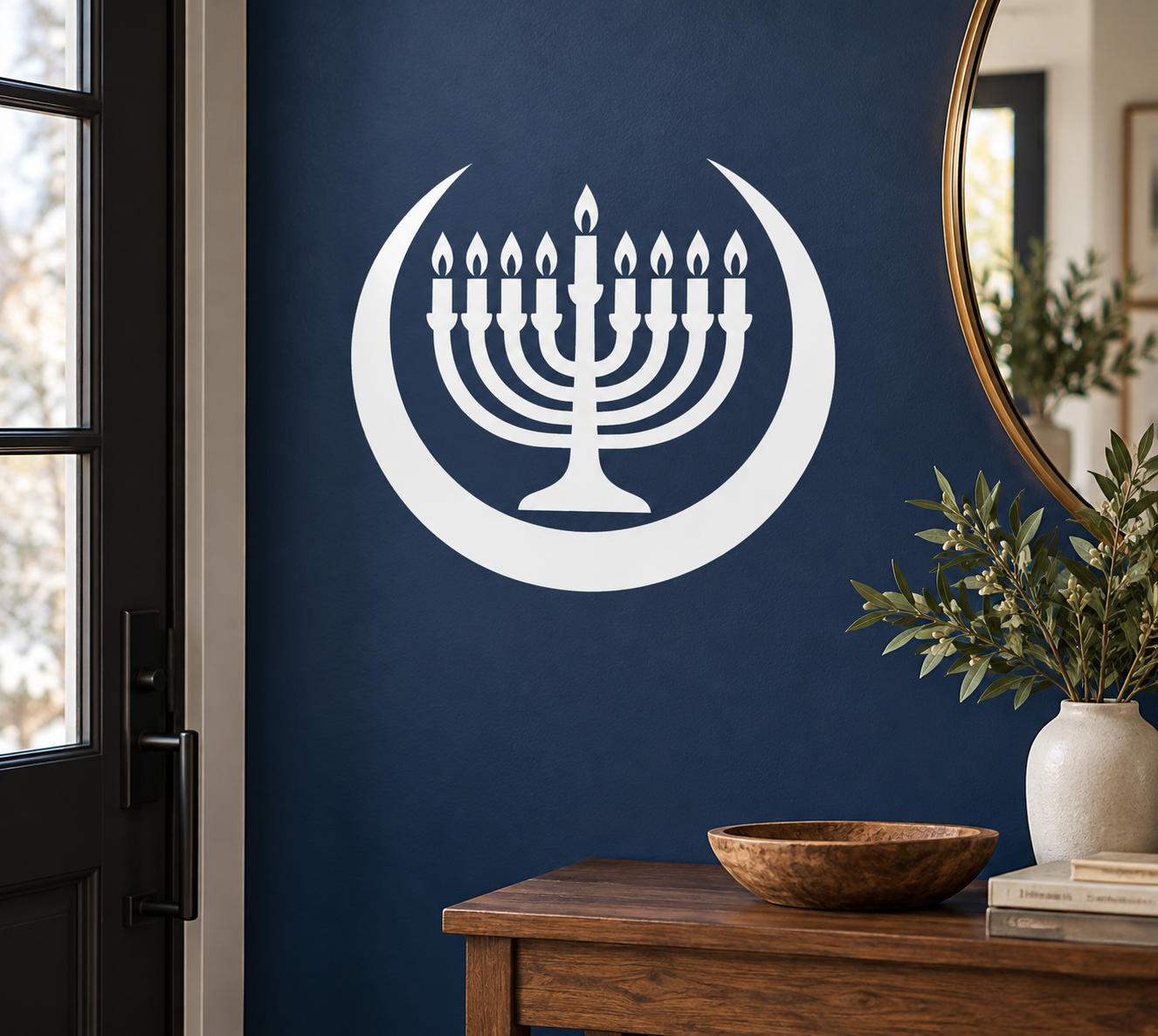 Hanukkah menorah vinyl decal with crescent moon, white design on dark blue wall