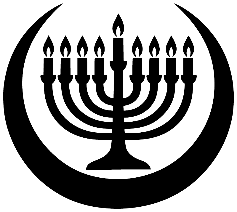 Hanukkah menorah vinyl decal graphic with flames and crescent moon, black on white