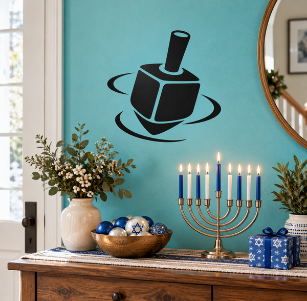 Dreidel in Motion vinyl decal, black dreidel with swirling motion lines