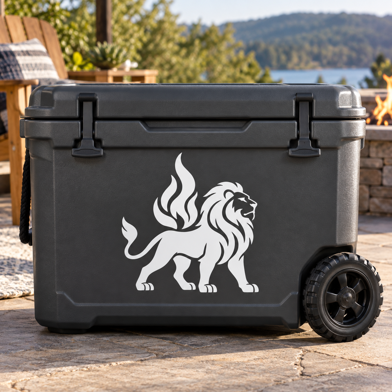 Vinyl decal of a roaring lion with flame mane, white design on dark surface