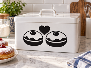 Black and white vinyl decal of two smiling latke faces with a heart above