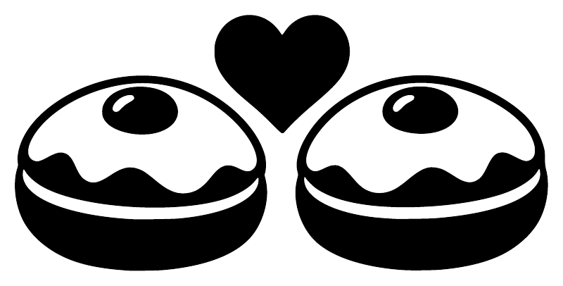 Vinyl decal close-up: two smiling latke faces in black and white with heart