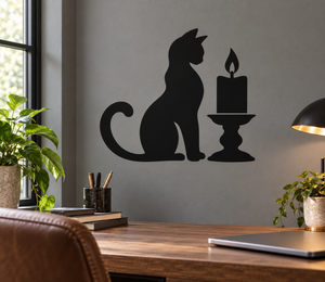 Black vinyl decal of a cat sitting beside a lit candle and menorah