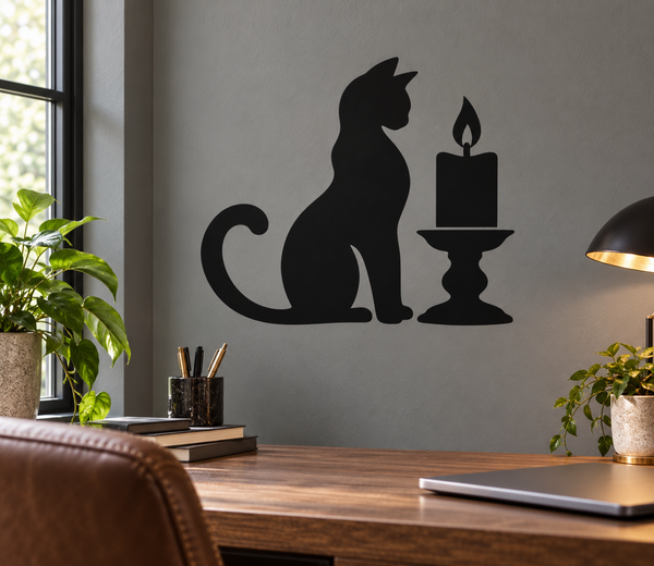 Black vinyl decal of a cat sitting beside a lit candle and menorah