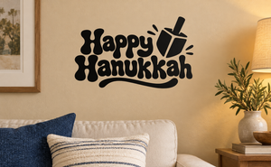 Happy Hanukkah vinyl decal with menorah and bold black lettering