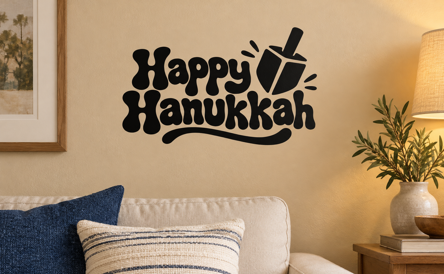 Happy Hanukkah vinyl decal with menorah and bold black lettering