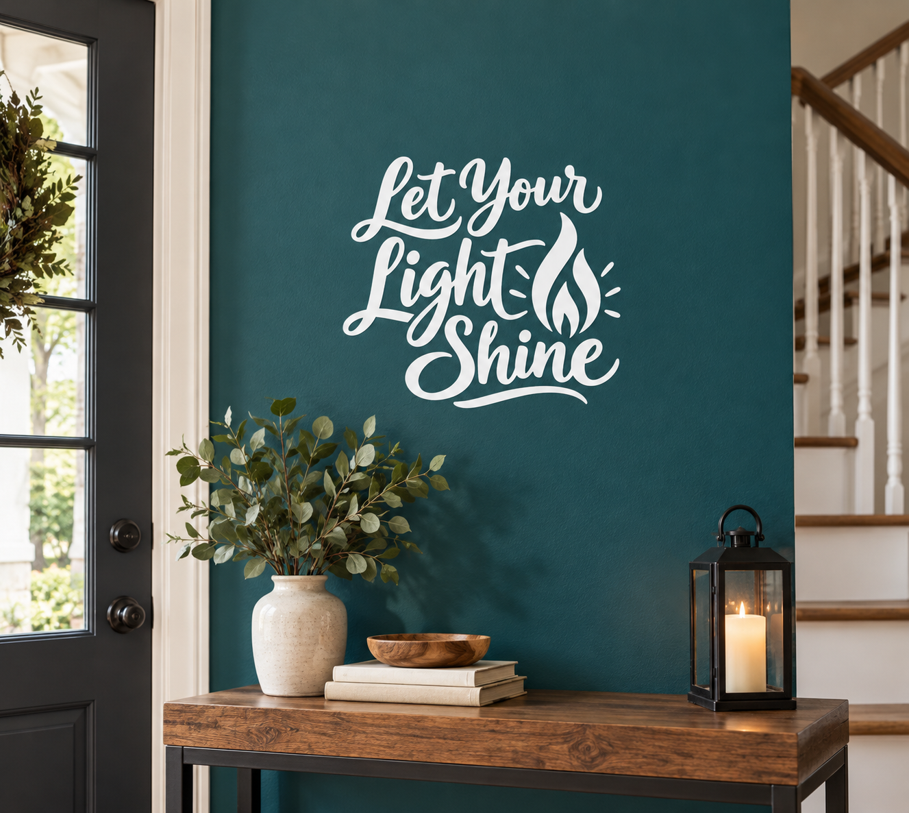 Vinyl wall decal reading "Let Your Light Shine" with flame icon