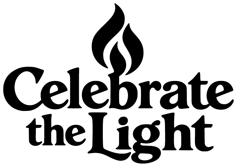 Close-up vinyl decal text “Celebrate the Light” with flame icons