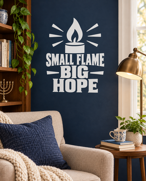 White vinyl decal with candle icon, sunburst rays, and text “SMALL FLAME” “BIG HOPE”