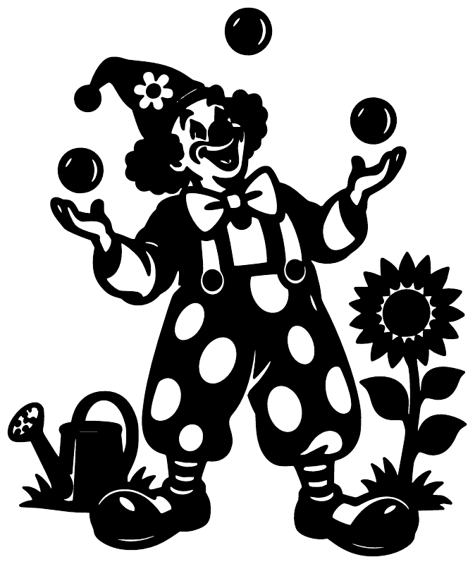 Clown juggling vinyl decal, black and white silhouette with sunflower and balls