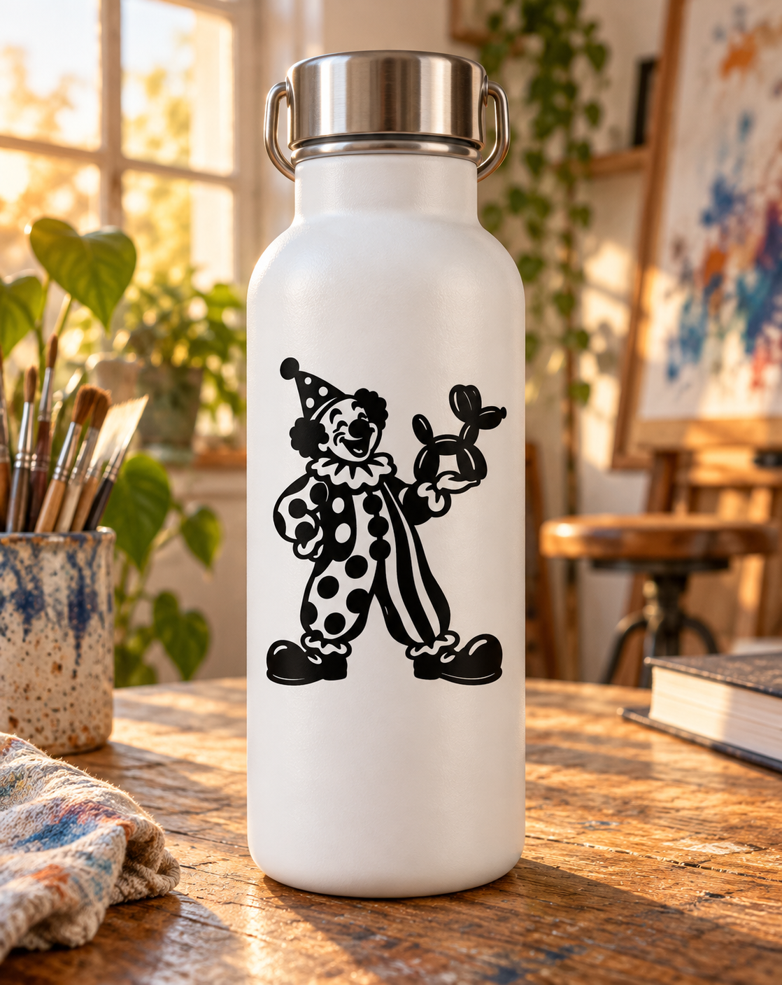 Vinyl decal: black clown holding balloon dog design on a white bottle