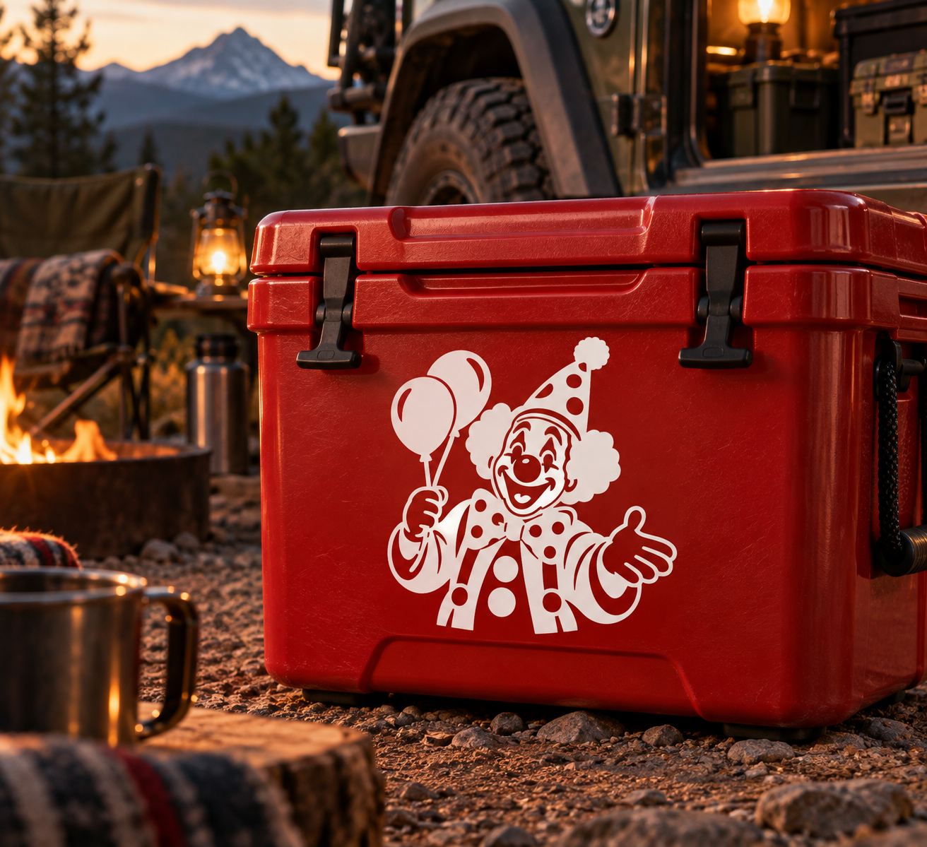 Red hard cooler with white clown portrait vinyl decal, balloon and confetti design
