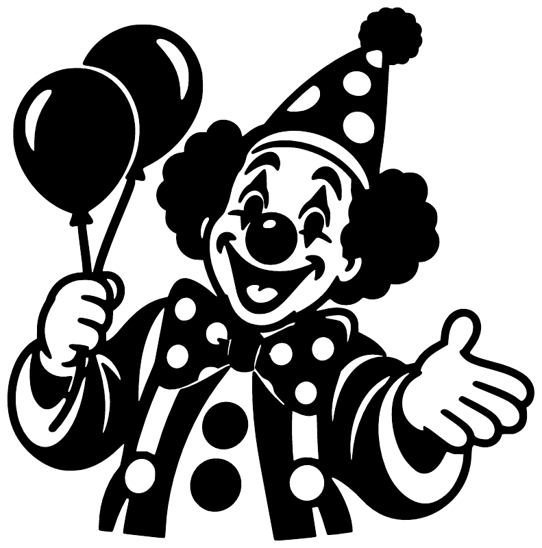 Black-and-white clown portrait vinyl decal with balloon, polka dots, and party hat