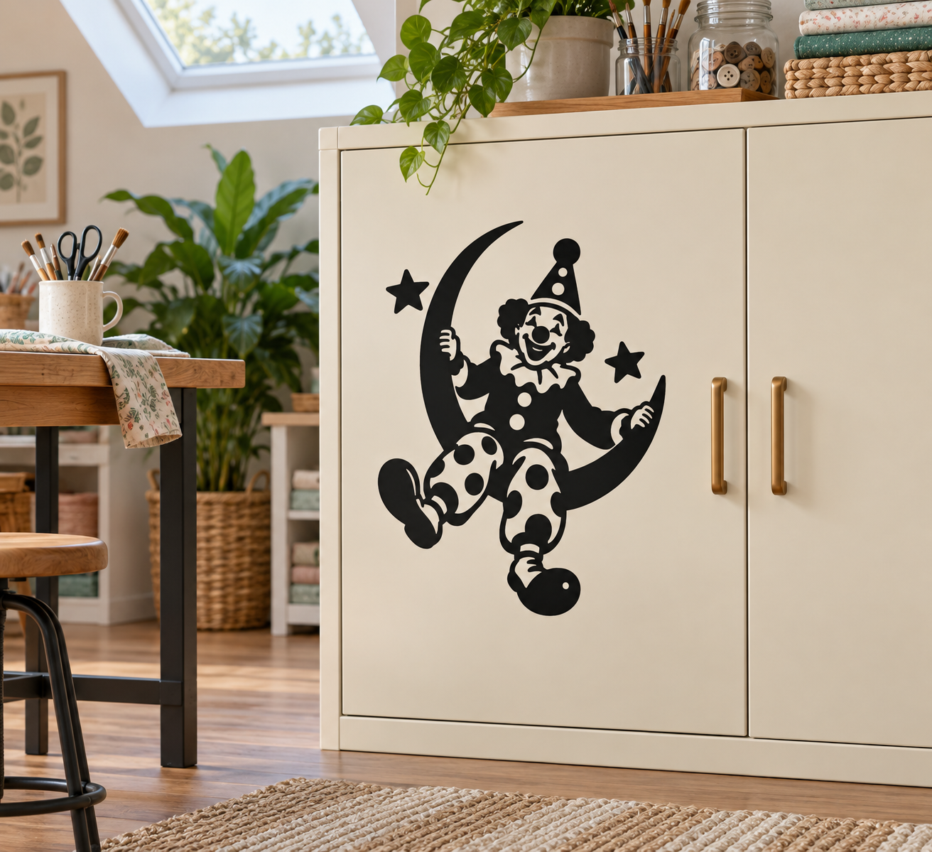 Black clown vinyl decal on crescent moon with stars and spot details