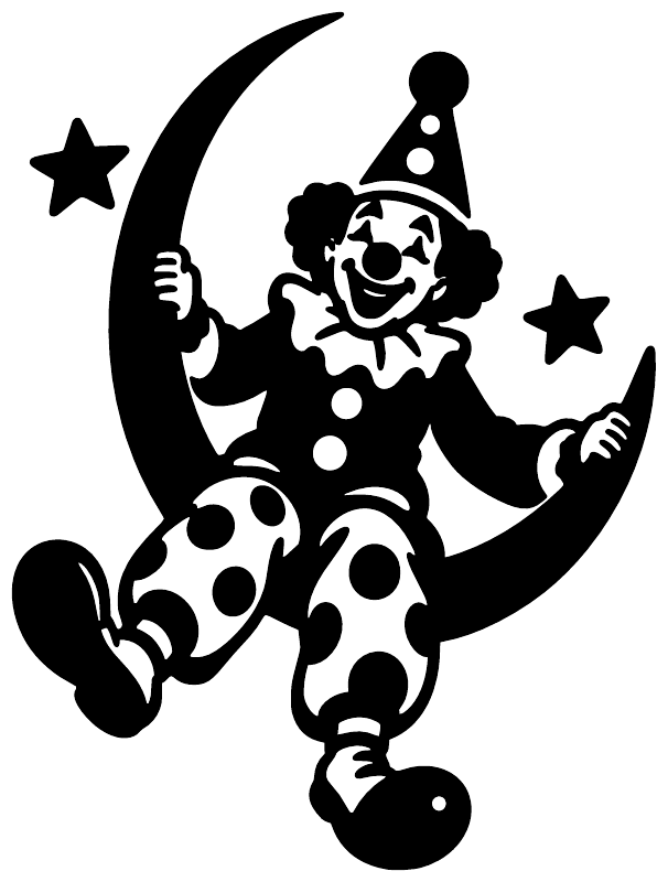 Black clown vinyl decal on crescent moon with hat, stars, and spot pattern