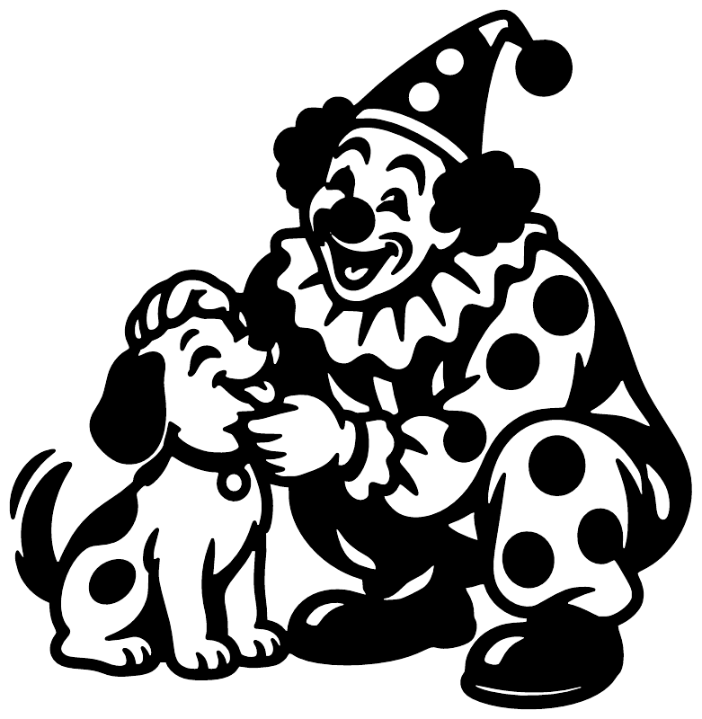 Black vinyl decal of a smiling clown with two spotted puppies
