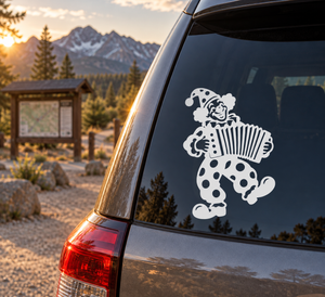 White clown vinyl decal playing accordion on car window