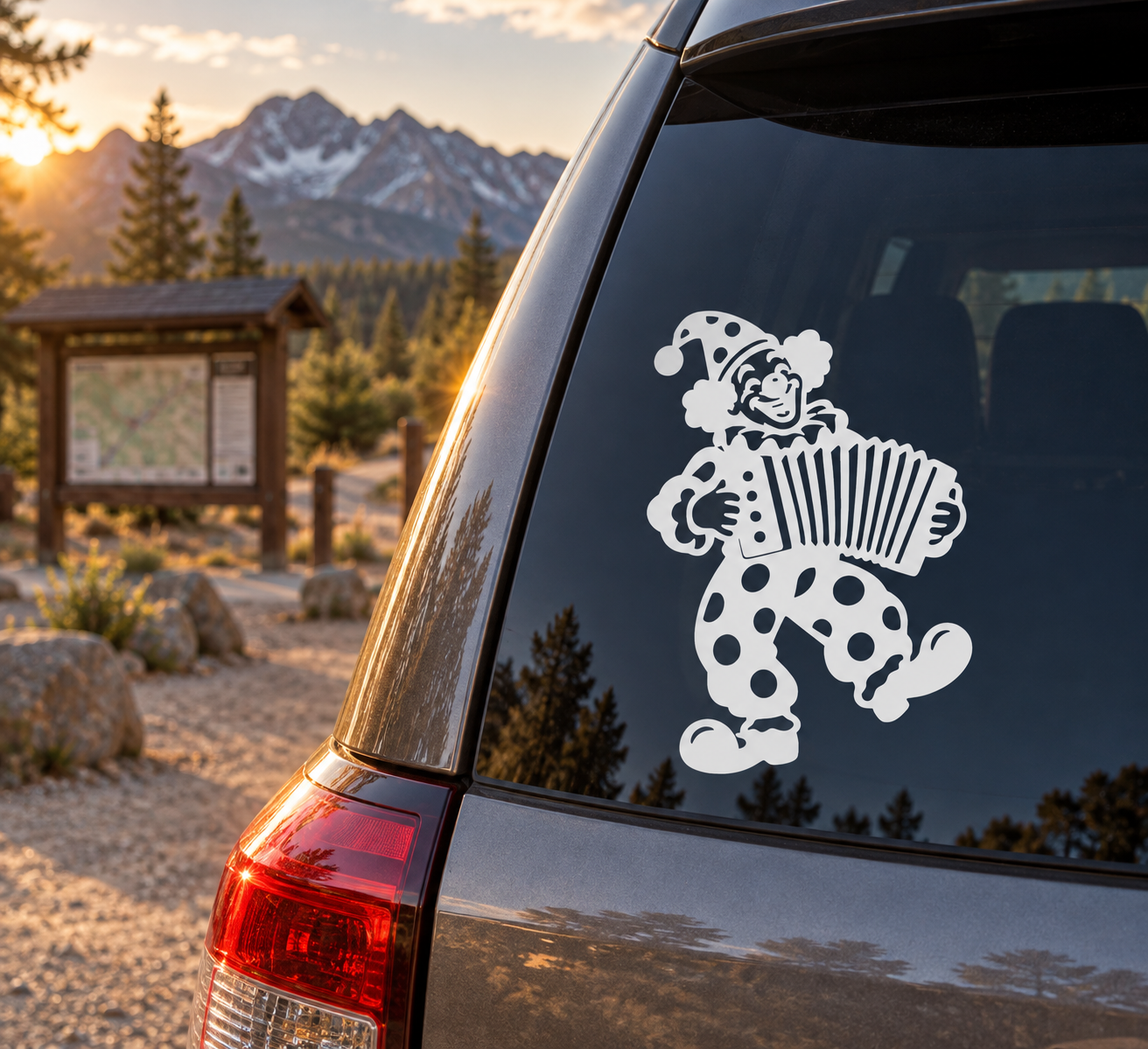 White clown vinyl decal playing accordion on car window