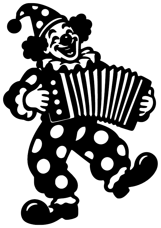 Black clown vinyl decal playing accordion with polka-dot outfit