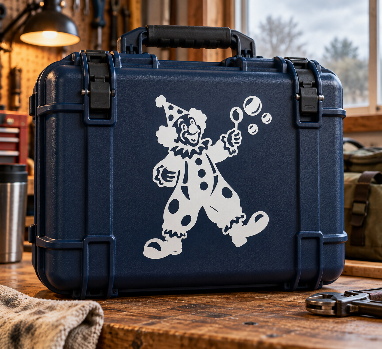 Navy suitcase with white clown vinyl decal holding bubble wand and bubble shapes