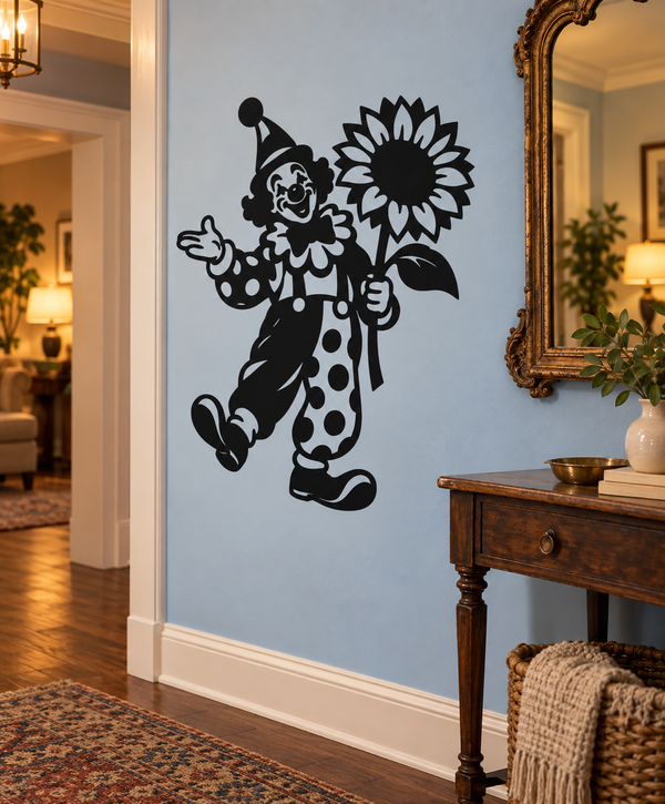 Clown vinyl decal with black-and-white polka dot outfit holding a sunflower
