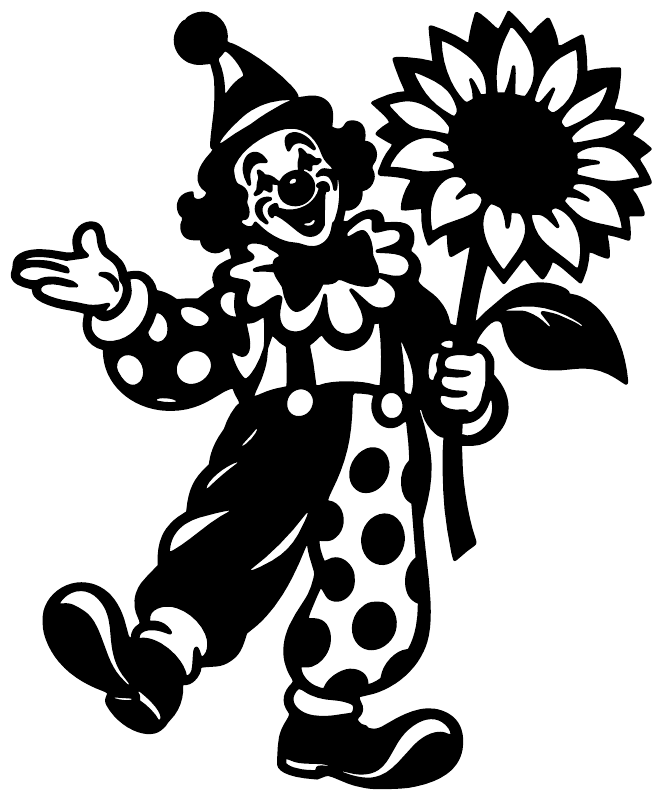 Clown vinyl decal silhouette holding a large sunflower, polka dot suit