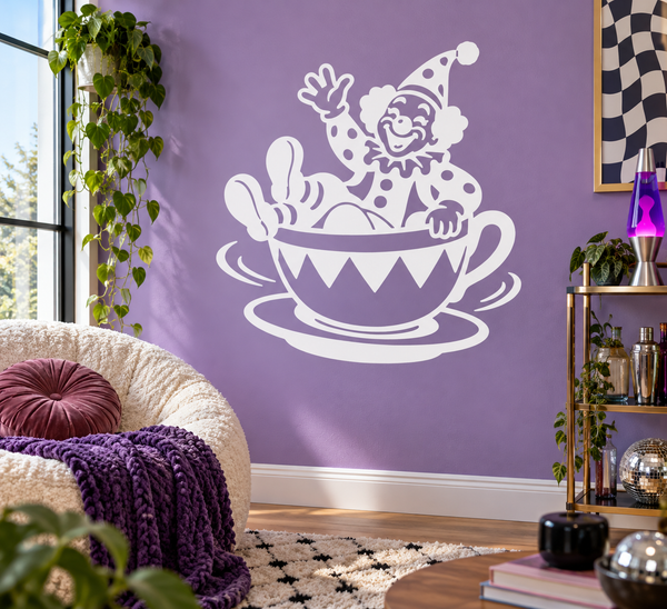 White clown in teacup vinyl wall decal with polka-dot hat and smile