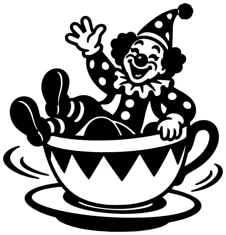 Black clown in teacup vinyl wall decal with polka-dot jester hat and smile