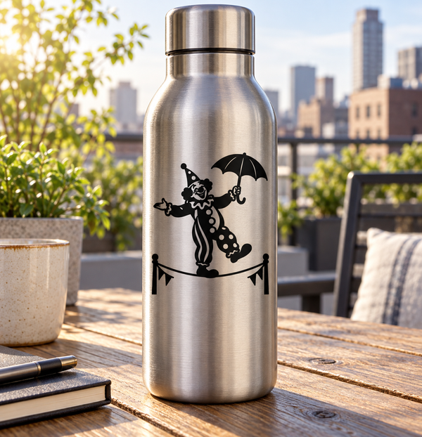 Stainless steel water bottle with black clown tightrope vinyl decal and umbrella