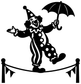 Black vinyl tightrope clown decal with umbrella, juggling ball, and arrows on rope
