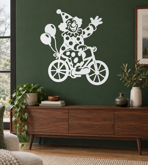 Clown on bicycle vinyl decal with polka-dot suit, white outlines, green spots.
