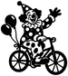 Black-and-white clown bicycle vinyl decal with curly wig and outstretched arms.