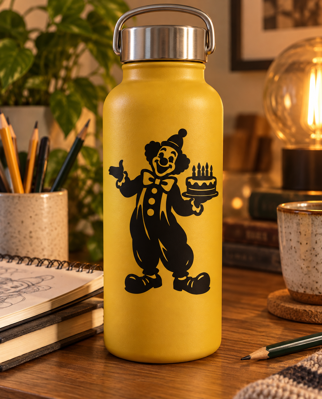 Clown holding birthday cake vinyl decal on yellow bottle
