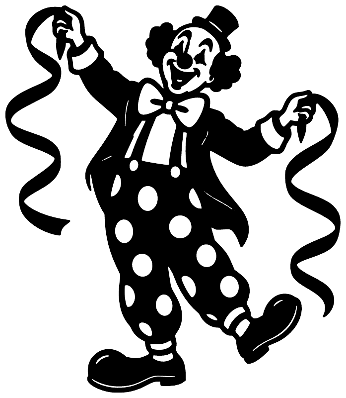Black vinyl clown decal of a dancing jester with hat, bow, and polka-dot dress