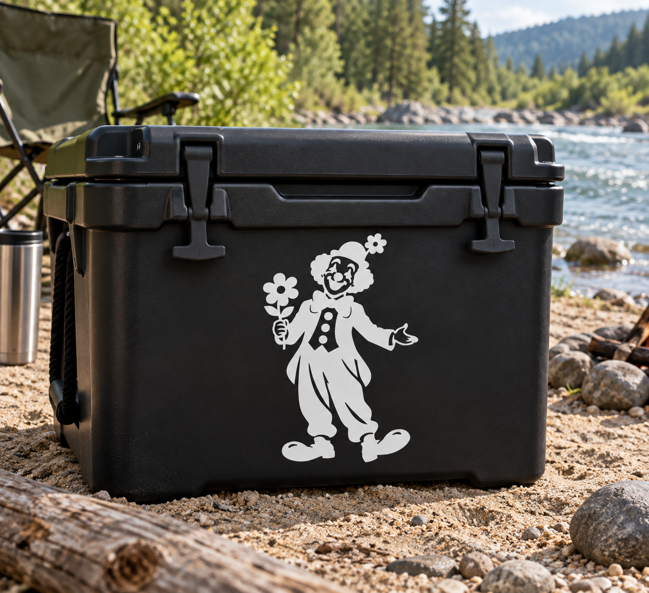 Vinyl clown decal with smiling character holding flowers, white graphic on dark surface
