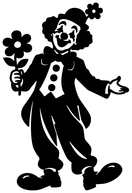 Vinyl clown decal silhouette holding a flower, black graphic with clover accents