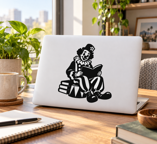 Clown reading a book vinyl decal on a laptop lid