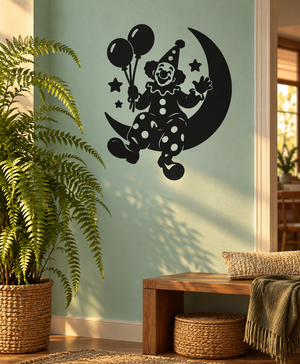 Black vinyl decal of a smiling clown on a crescent moon with balloons and stars