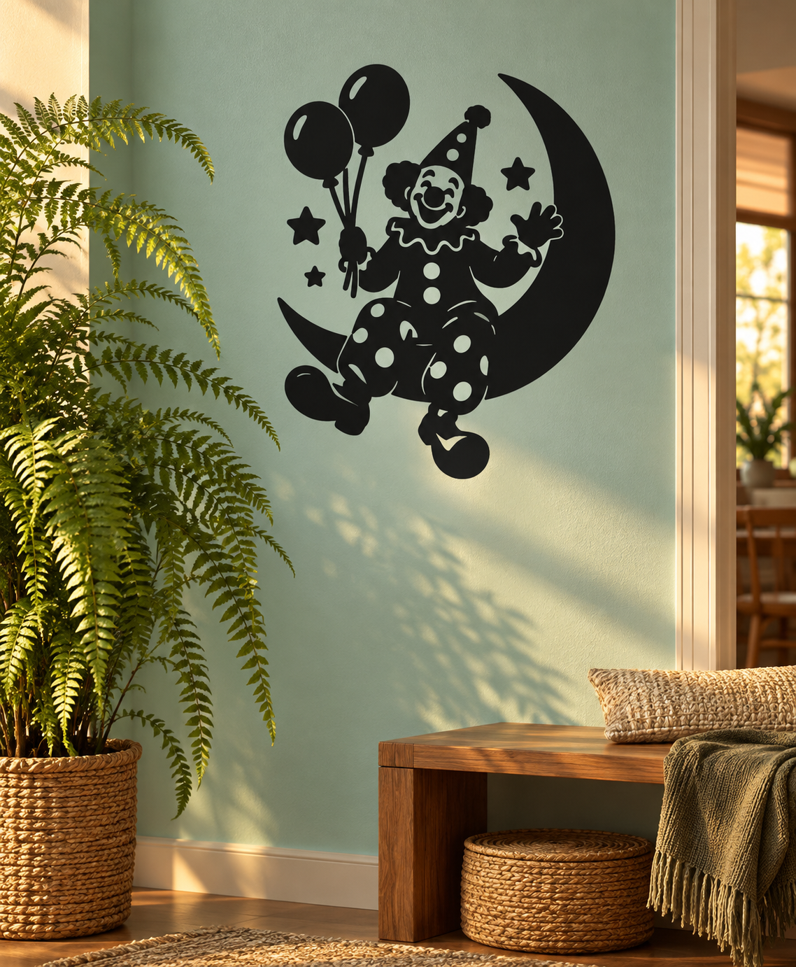 Black vinyl decal of a smiling clown on a crescent moon with balloons and stars