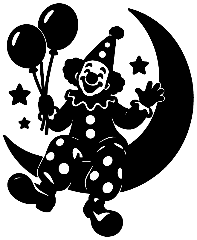 Black vinyl decal of a smiling clown holding balloons on a crescent moon with stars