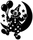Black vinyl decal of a smiling clown holding balloons on a crescent moon with stars